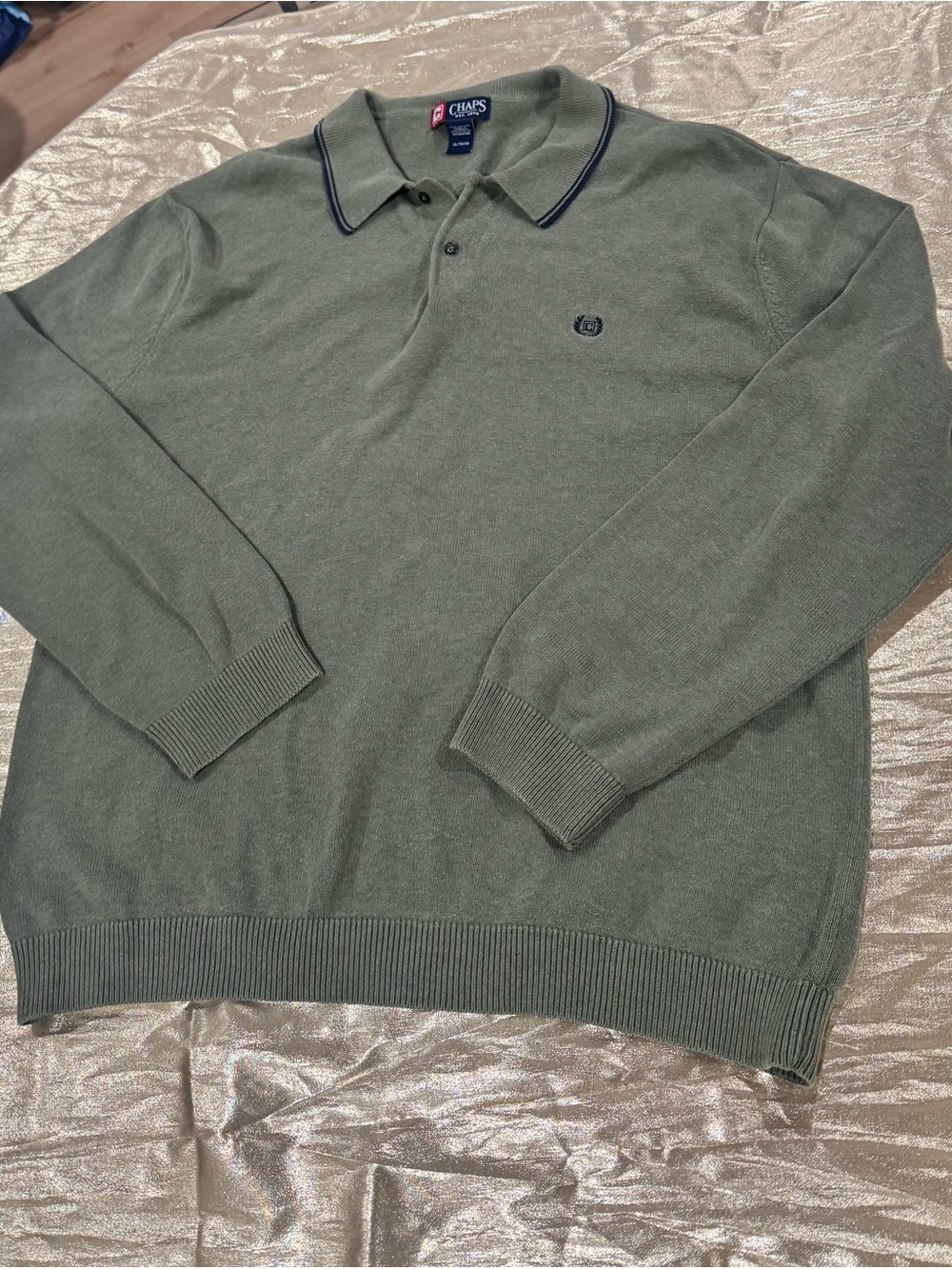 Chaps Olive Green V-Neck Polo Sweater with Navy Trim